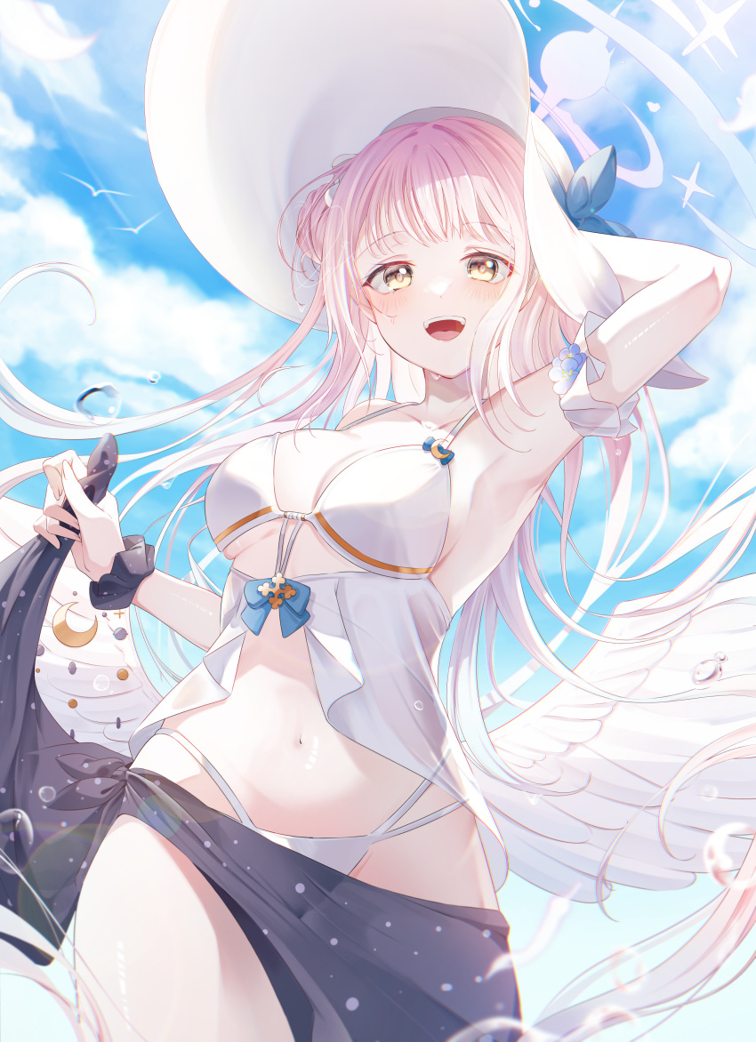 1girl :d absurdres adjusting_clothes adjusting_headwear alternate_costume angel_wings arm_behind_head armpits bikini black_sarong blue_archive blue_sky blunt_bangs blurry breasts cleavage clothes_lift cloud cloudy_sky collarbone commentary_request depth_of_field detached_sleeves feathered_wings gyeou_lee halo hat highres lifted_by_self long_hair looking_at_viewer mika_(blue_archive) navel outdoors pink_hair sarong sarong_lift short_sleeves sidelocks sky smile solo spaghetti_strap stomach sun_hat swimsuit white_bikini white_wings wings yellow_eyes