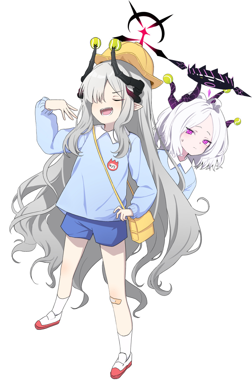 2girls absurdres bag black_horns blue_archive blue_shorts character_name closed_eyes closed_mouth demon_horns halo hat highres hina_(blue_archive) horns kindergarten_uniform korean_text long_hair long_sleeves makoto_(blue_archive) momip multiple_girls multiple_horns open_mouth pointy_ears purple_eyes school_hat sharp_teeth shoes short_hair shorts simple_background smile socks teeth very_long_hair white_background white_footwear white_hair white_socks yellow_headwear