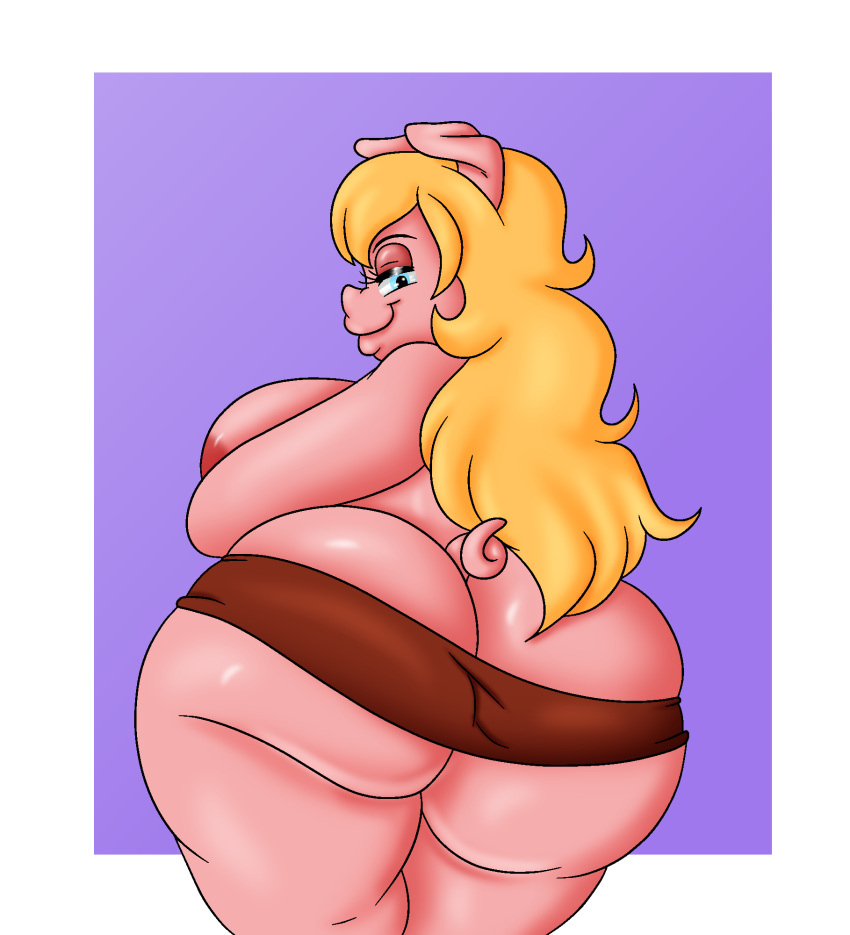anthro barely_visible_areola big_breasts big_butt breasts butt butt_focus clothed clothing color_edit colored digital_drawing_(artwork) digital_media_(artwork) domestic_pig edit female hair hi_res huge_butt joaoppereiraus linkido looking_at_viewer looking_back mammal mostly_nude nipples orange_hair pink_body purple_background rear_view shaded simple_background skimpy smile solo suid suina sus_(pig) thick_thighs
