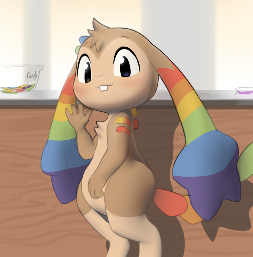 ambiguous_gender anthro buckteeth felyn hi_res l33t_(labbit1337) multicolored_eyes multicolored_tail rainbow_eyes rainbow_tail semi-anthro tail teeth