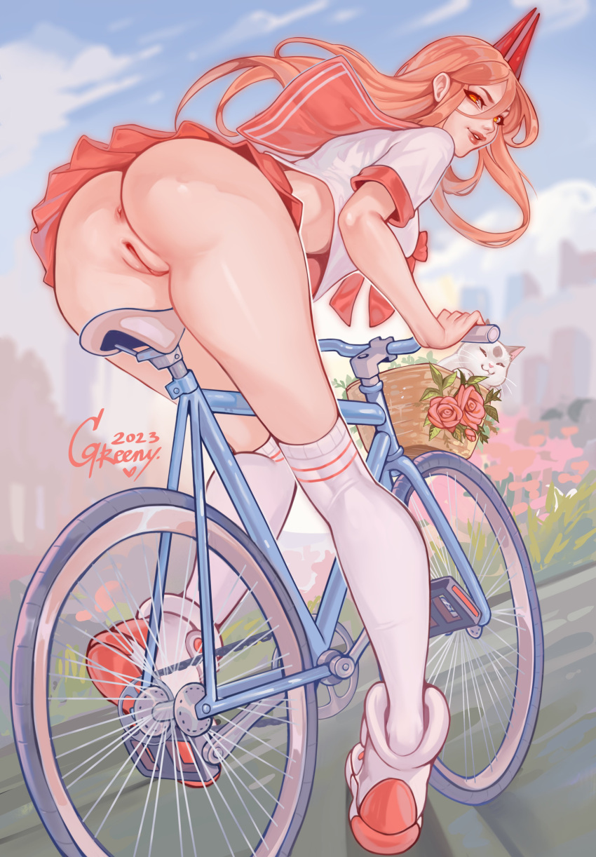 1girl absurdres animal anus artist_name ass bicycle brown_hair cat chainsaw_man commentary cross-shaped_pupils dated day english_commentary flower greenu hair_between_eyes highres horns long_hair looking_at_viewer looking_back outdoors pink_flower pink_sailor_collar pink_skirt pleated_skirt power_(chainsaw_man) pussy red_horns sailor_collar school_uniform serafuku shirt short_sleeves skirt solo striped symbol-shaped_pupils thighhighs white_cat white_shirt white_thighhighs yellow_eyes