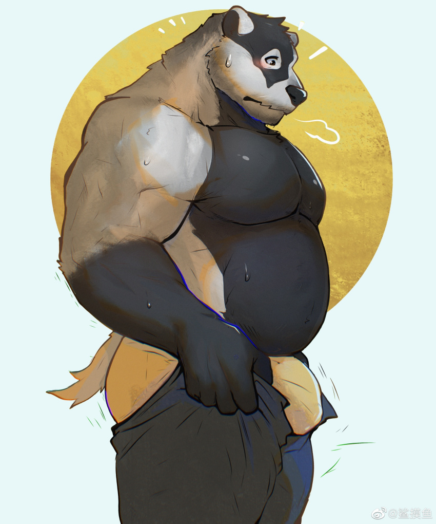 1boy absurdres animal_ear_request ass bara belly blush breath bulge bulge_lift dressing echo_project feet_out_of_frame from_side furry furry_male highres i've_never_seen_a_guy_recreate_this_successfully_tbh_(meme) large_pectorals male_focus male_underwear mature_male meme motion_lines muscular muscular_male nik_(the_smoke_room) nullshark open_pants pants pants_lift pectorals plump short_hair solo stomach the_smoke_room topless_male undersized_clothes underwear yellow_male_underwear