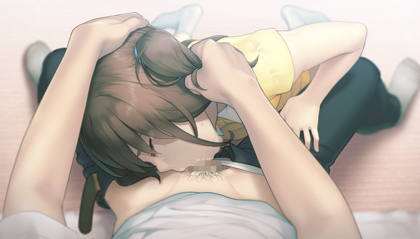 1boy 1girl black_pants blurry blurry_background brown_hair censored closed_eyes clothes_pull crying fellatio forced from_above futaba_miyu game_cg grabbing_another's_hair grey_socks hamashima_shigeo hand_on_another's_head head_tilt hetero highres indoors long_hair male_pubic_hair male_underwear minikui_mojika_no_ko mosaic_censoring oral pants pants_pull penis pubic_hair rape shirt socks t-shirt tears underwear white_male_underwear white_shirt