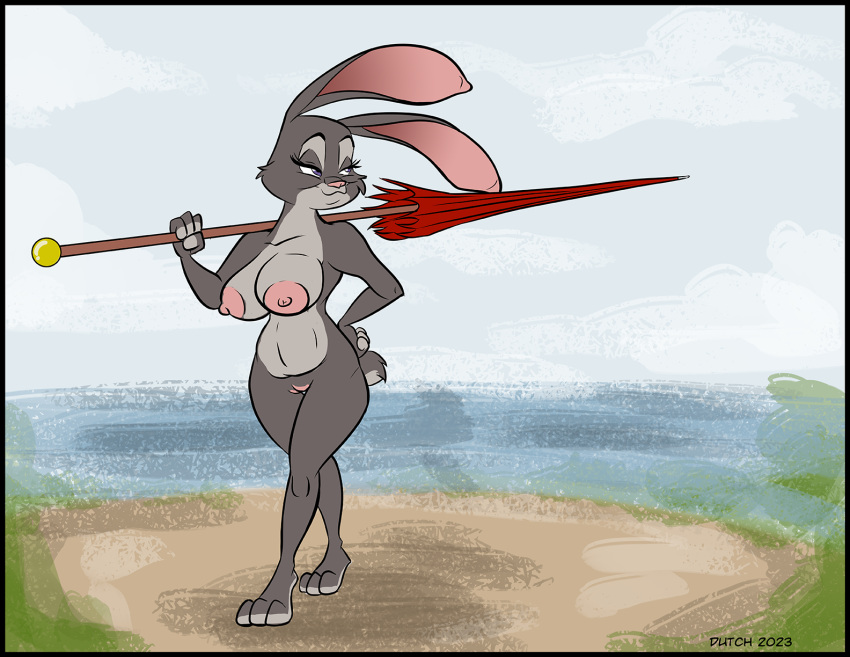 2023 anthro areola artist_name big_areola big_breasts black_border border breasts digital_media_(artwork) disney dutch_(artist) english_text female flat_colors fur genitals grey_body grey_fur hi_res judy_hopps lagomorph leporid mammal multicolored_body multicolored_fur nipples nude pink_areola purple_eyes pussy rabbit solo text two_tone_body two_tone_fur umbrella zootopia