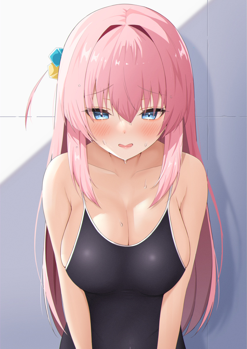 1girl absurdres black_one-piece_swimsuit blue_eyes blush bocchi_the_rock! breasts cleavage collarbone competition_swimsuit cube_hair_ornament gotoh_hitori hair_ornament highres hukigen_dadada large_breasts leaning_forward long_hair looking_at_viewer one-piece_swimsuit open_mouth pink_hair raised_eyebrows school_swimsuit side_ahoge solo sweat swimsuit upper_body very_long_hair