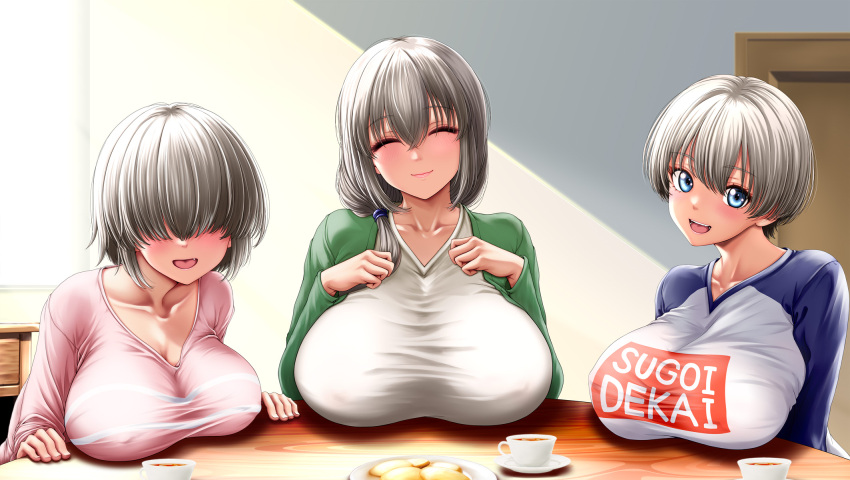 3girls blue_eyes blush breast_rest breasts closed_eyes covered_eyes grey_hair hair_between_eyes hair_over_eyes hair_over_shoulder highres huge_breasts large_breasts long_bangs looking_at_viewer mature_female mother_and_daughter multiple_girls open_mouth osuzu_akiomi siblings sisters smile sugoi_dekai uzaki-chan_wa_asobitai! uzaki_hana uzaki_tsuki uzaki_yanagi