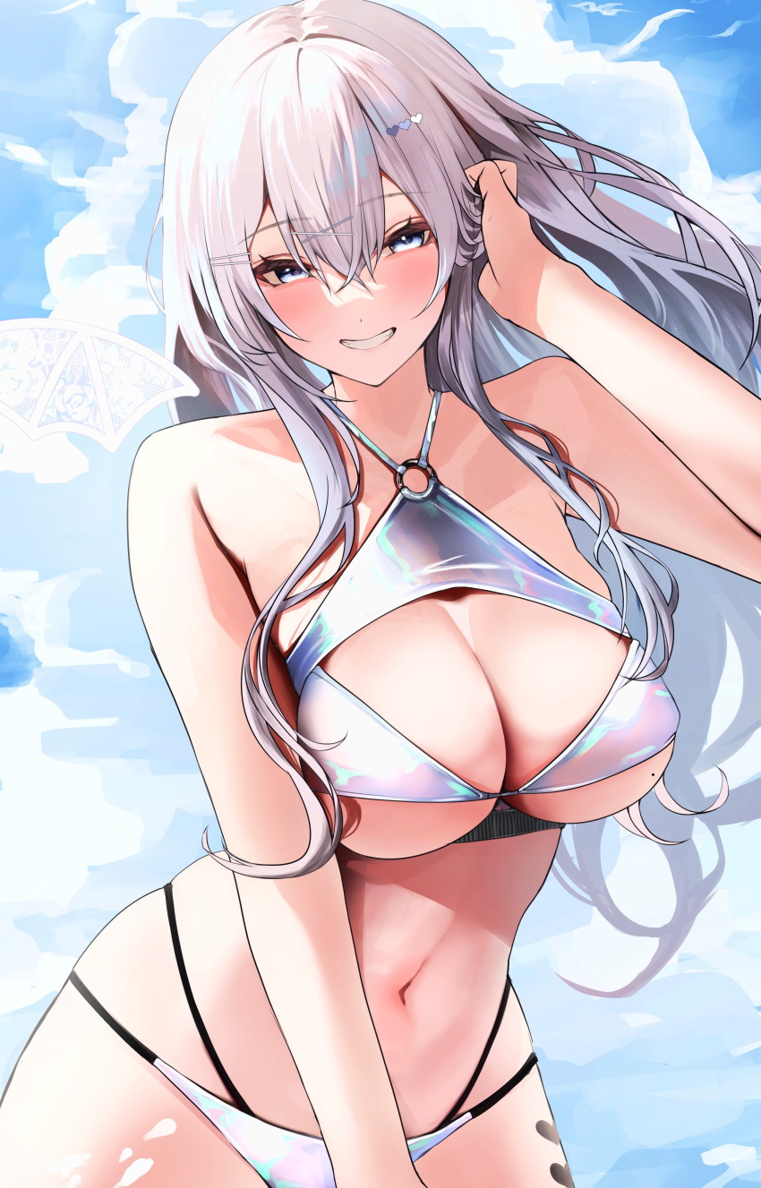 1girl absurdres bikini blue_eyes breasts cleavage cloud grey_hair hair_between_eyes hair_ornament hair_tucking halterneck heart heart_hair_ornament highres large_breasts layered_bikini long_hair looking_at_viewer micro_bikini mole mole_on_breast multi-strapped_bikini_bottom multi-strapped_bikini_top navel o-ring o-ring_bikini o-ring_top oreazu original revealing_clothes silver_bikini sky solo stomach string_bikini swimsuit underboob very_long_hair wind