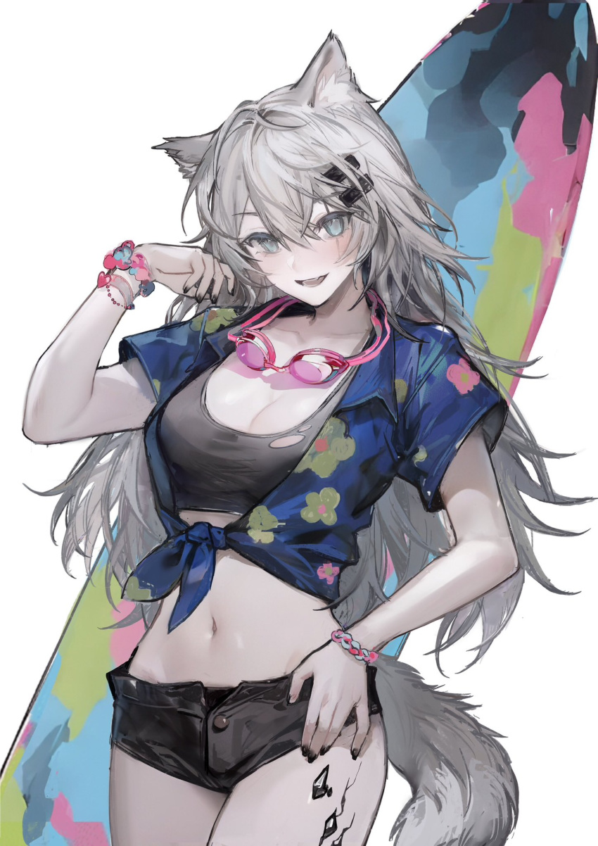 1girl alternate_costume animal_ear_fluff animal_ears arknights black_nails black_shorts blue_shirt bracelet breasts cleavage collarbone cowboy_shot crop_top floral_print goggles goggles_around_neck grey_eyes hawaiian_shirt highres jewelry lappland_(arknights) liangban_xiexu long_hair looking_at_viewer medium_breasts midriff navel open_clothes open_fly open_shirt oripathy_lesion_(arknights) print_shirt scar scar_across_eye shirt short_shorts short_sleeves shorts simple_background smile solo standing surfboard tail tied_shirt white_background wolf_ears wolf_girl wolf_tail