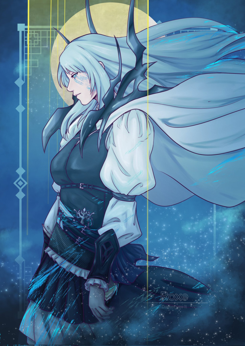 1girl blue_vest cape final_fantasy final_fantasy_xvi frilled_sleeves frills from_side frost glowing glowing_hair glowing_lines grey_hair highres jill_warrick leather_vest long_hair long_skirt moon night roxe_(ro_x_e) skirt solo standing vest white_cape