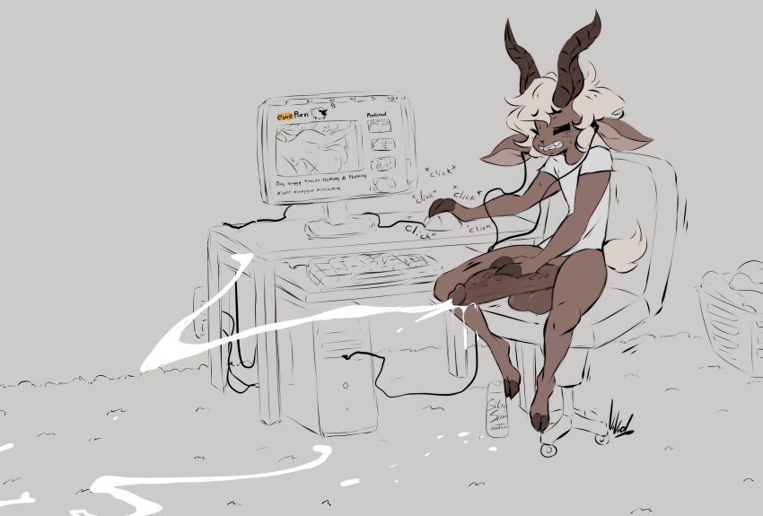 absurd_res anthro balls bedroom_eyes big_penis black_sclera bodily_fluids bottomless bottomless_anthro bottomless_male bovid brown_body brown_fur caprine chair clenched_teeth clothed clothing computer computer_keyboard computer_monitor cum cumshot curved_horn dripping dullvivid earbuds ejaculation erection eyes_rolling_back fur furniture genital_fluids genitals girly goat grey_background hair half-closed_eyes headphones hi_res hooves horn huge_penis humanoid_genitalia humanoid_penis humor looking_at_porn looking_pleasured male mammal masturbation narrowed_eyes nel_(dullvivid) office_chair one_eye_closed orgasm penile penile_masturbation penis pornography satyr seductive shirt simple_background solo sound_effects speech_bubble t-shirt teeth text topwear vein veiny_penis white_body white_fur white_hair