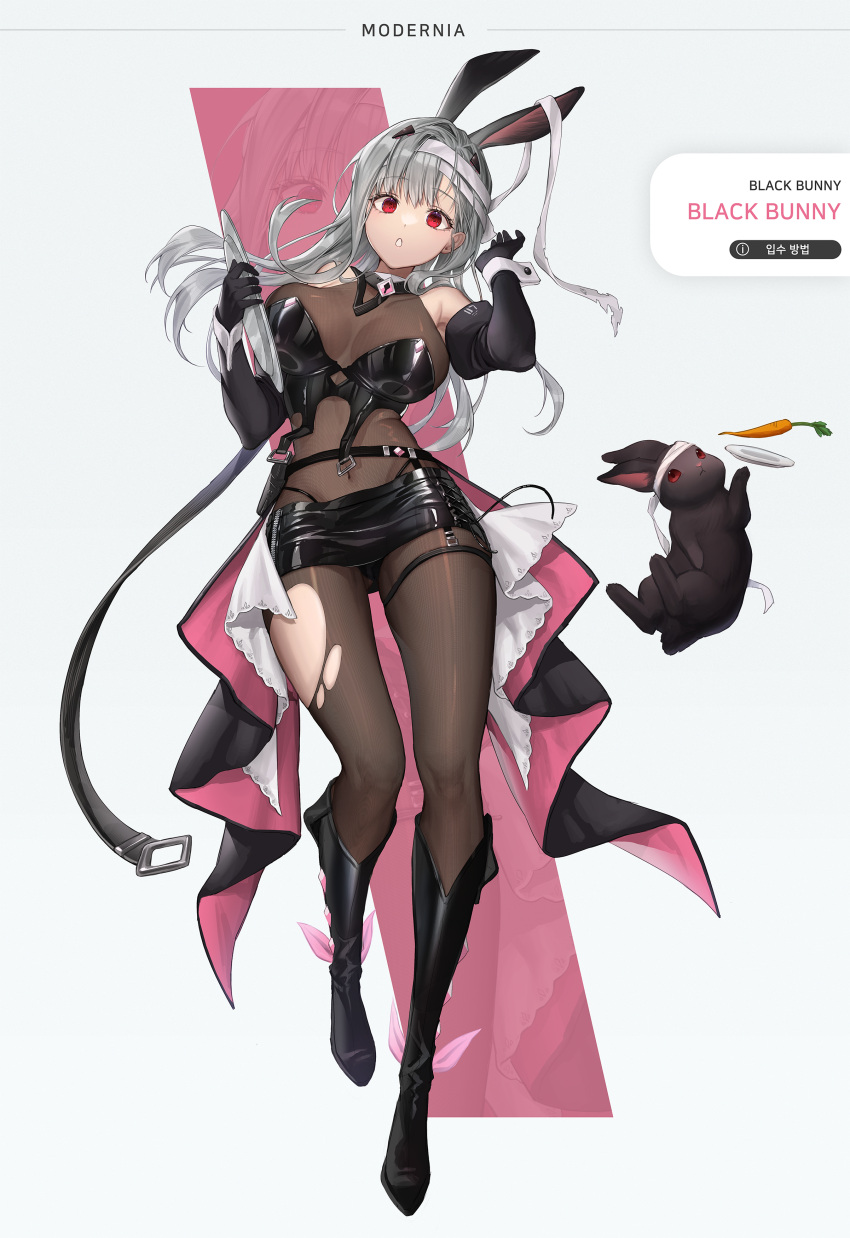 1girl absurdres animal_ears bandaged_head bandages bare_shoulders black_footwear black_gloves black_rabbit_(animal) black_skirt bodystocking boots breasts carrot commentary_request covered_navel elbow_gloves fake_animal_ears full_body gloves goddess_of_victory:_nikke grey_hair hair_ornament highres holding holding_plate idasu_(hyun9164) knee_boots korean_commentary large_breasts long_hair looking_at_viewer mixed-language_commentary modernia_(nikke) parted_lips plate playboy_bunny rabbit rabbit_ears red_eyes see-through_cleavage showgirl_skirt sidelocks skirt thigh_strap thighs torn_bodystocking torn_clothes white_background wrist_cuffs zoom_layer