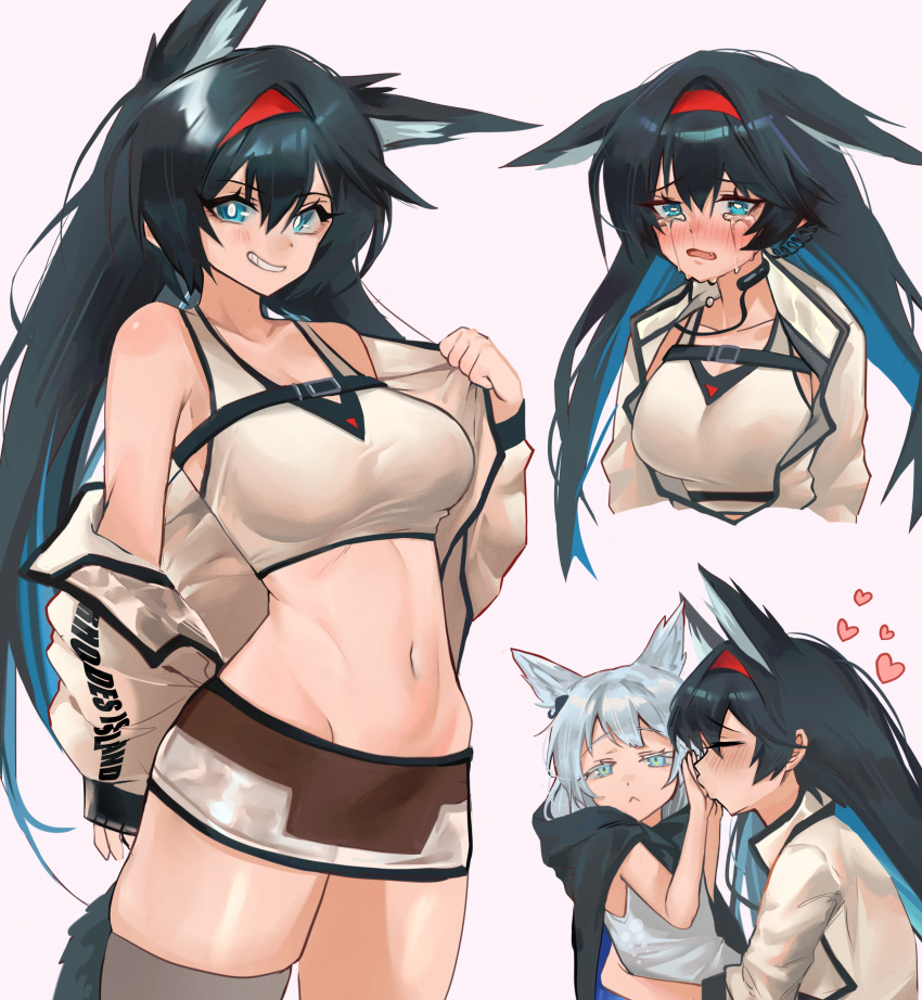 2girls :&lt; :d absurdres animal_ears arknights black_hair blaze_(arknights) blocking blue_eyes blush breasts bright_pupils brown_skirt cat_ears cat_girl cat_tail closed_eyes closed_mouth collarbone commentary_request crop_top crying crying_with_eyes_open ears_down extra_ears fang grey_hair grey_thighhighs grin hairband heart highres jacket kaguura_(kagu) kiss kissing_hand large_breasts long_hair long_sleeves looking_at_viewer midriff miniskirt multiple_girls navel nose_blush open_clothes open_jacket open_mouth parted_lips red_eyes red_hairband rosmontis_(arknights) shirt single_thighhigh skirt smile stomach tail tank_top tears thighhighs white_jacket white_shirt yuri