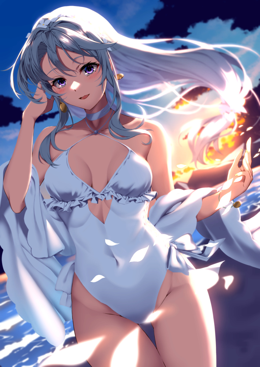 1girl ass_visible_through_thighs asymmetrical_bangs breasts casual_one-piece_swimsuit cloud commentary_request cowboy_shot cutout_above_navel flower frills gradient_sky grey_hair hair_flower hair_ornament hairband highleg highleg_swimsuit highres kagari_liroi kantai_collection long_hair official_alternate_costume one-piece_swimsuit purple_eyes sagiri_(kancolle) shawl side-tie_swimsuit sky solo sunset swept_bangs swimsuit thigh_gap white_one-piece_swimsuit white_shawl