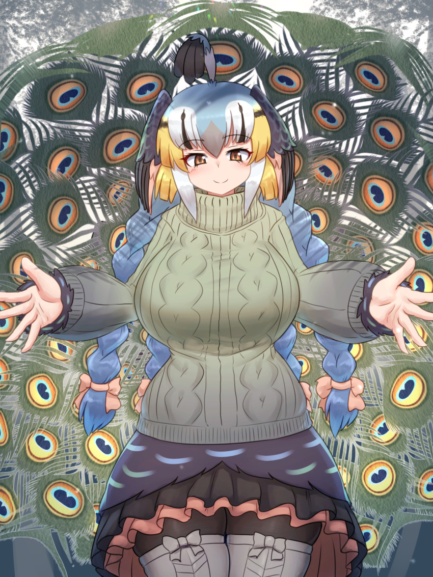 ahoge animal_humanoid avian avian_humanoid big_breasts bird bird_humanoid blonde_hair boots bottomwear braided_hair breasts brown_eyes clothing fan_character feathers female footwear galliform galliform_humanoid green_peafowl_(mo23) hair head_wings hi_res humanoid kemono_friends legwear long_hair mo23 multicolored_hair peafowl_humanoid skirt smile solo sweater tail tail_feathers thigh_boots thigh_highs tights topwear turquoise_hair white_hair wings