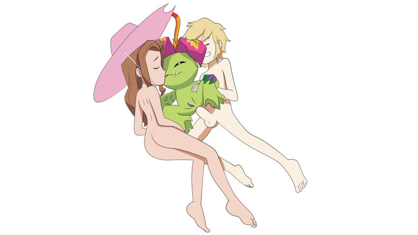 anal anthro bandai_namco barefoot blonde_hair brown_hair butt clothing deadinside97 digimon digimon_(species) digimon_adventure erection eyes_closed feet female female/female genitals group group_sex hair happy happy_sex hat headgear headwear hi_res human interspecies kissing male male/female mammal mimi_tachikawa nude palmon penis pink_clothing pink_hat pink_headwear pussy sex threesome trio young