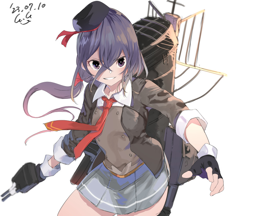 1girl absurdres adapted_turret ariake_(kancolle) beret black_gloves black_hair black_headwear black_jacket blazer collared_shirt cowboy_shot fingerless_gloves gegeron gloves gradient_hair grey_skirt grin hair_between_eyes hat highres jacket kantai_collection long_hair long_sleeves looking_at_viewer low_ponytail machinery multicolored_hair necktie one-hour_drawing_challenge pleated_skirt purple_eyes purple_hair red_necktie shirt simple_background skirt smile smokestack solo white_background white_shirt