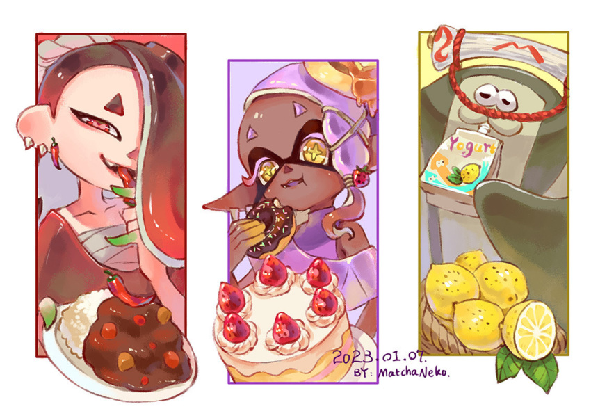 +_+ 1boy 2girls artist_name asymmetrical_bangs asymmetrical_hair bandages basket big_man_(splatoon) black_hair cake chest_sarashi chili_pepper chili_pepper_earrings collarbone colored_eyelashes colored_skin colored_tongue commentary crop_top dark-skinned_female dark_skin dated doughnut drinking_straw earrings eating english_commentary eyelashes fang food food-themed_hair_ornament forehead fruit frye_(splatoon) gradient_hair green_skin hachimaki hair_ornament hair_over_one_eye hand_up headband hokkamuri holding holding_food holding_plate jewelry leaf lemon lemon_slice looking_at_viewer manta_ray matchaneko medium_hair multicolored_hair multicolored_skin multiple_earrings multiple_girls nejiri_hachimaki one_eye_covered open_mouth orange_hair parted_bangs plate pointy_ears purple_hair purple_shawl purple_shirt purple_tongue red_eyes red_hair red_shawl rice sarashi shawl shirt shiver_(splatoon) short_eyebrows simple_background sleeveless sleeveless_shirt sleeveless_turtleneck splatoon_(series) splatoon_3 star-shaped_pupils star_(symbol) strawberry strawberry_hair_ornament symbol-shaped_pupils teeth tentacle_hair tsurime turtleneck white_background yellow_eyes yellow_skin yogurt