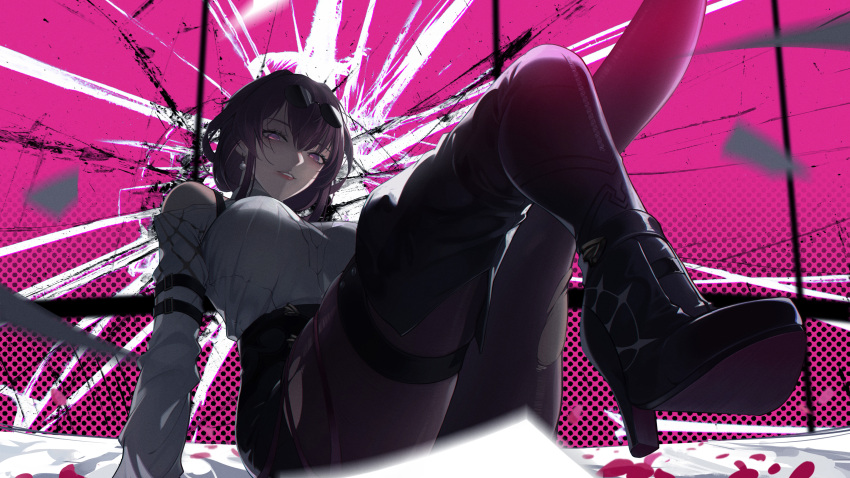 1girl absurdres arm_belt belt black_belt black_footwear black_shorts boots breasts broken_glass broken_window building change_(1044080555) earrings eyelashes foot_out_of_frame glass hair_between_eyes high_heel_boots high_heels highres honkai:_star_rail honkai_(series) indoors jewelry kafka_(honkai:_star_rail) lamp large_breasts legs_up lipstick long_hair looking_at_viewer looking_down makeup outstretched_leg pantyhose pantyhose_under_shorts petals purple_background purple_eyes purple_hair purple_pantyhose rose_petals round_eyewear shadow shirt shorts sidelocks single_thigh_boot sitting smile solo sunglasses thigh_boots thighs white_shirt window