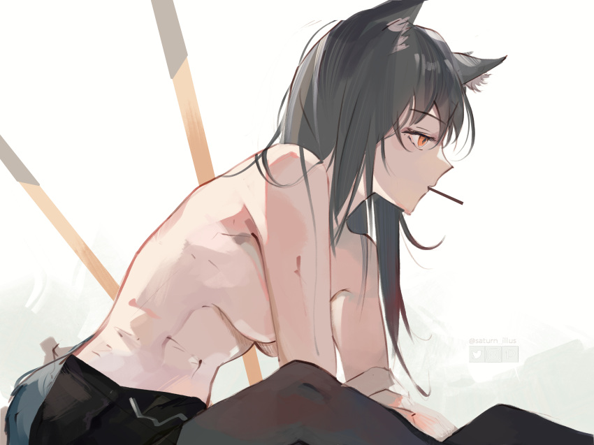 1girl absurdres animal_ears arknights black_hair black_pantyhose black_shorts breasts cmdr_saturn highres large_breasts long_hair mouth_hold navel orange_eyes pantyhose short_shorts shorts sitting solo stomach tail texas_(arknights) topless twitter_username wolf_ears wolf_girl wolf_tail