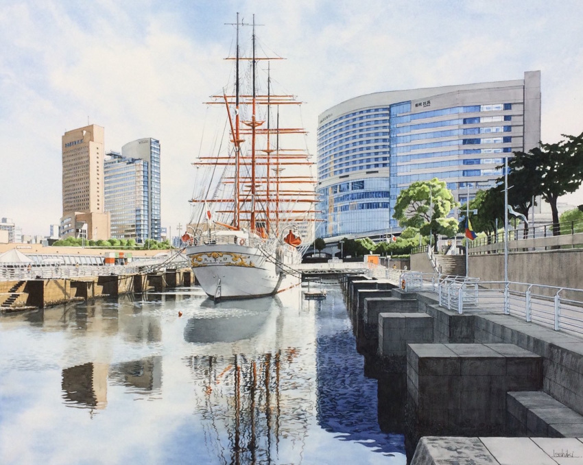 blue_sky building chain chained city cloud cloudy_sky commentary_request day fence harbor no_humans office original painting_(medium) real_world_location reflection reflective_water scenery ship shore sketch sky toirom_pmxh traditional_media watercolor_(medium) watercraft window yokohama