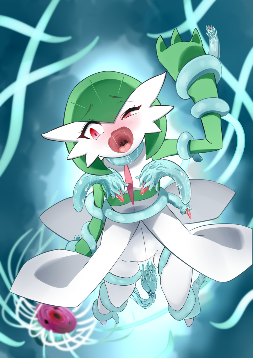 1girl absurdres arm_at_side arm_up blue_background blurry blurry_background blush bob_cut colored_skin commentary_request constricted_pupils flat_chest gardevoir green_hair green_skin hair_between_eyes half-closed_eye highres imminent_penetration looking_back m3_(gardevoir_m3) monster multicolored_skin nose_blush open_mouth pokemon pokemon_(creature) raised_eyebrows red_eyes restrained saliva short_hair skindentation slime_(substance) solo suspension tentacles tongue two-tone_skin uneven_eyes uvula wavy_mouth white_skin