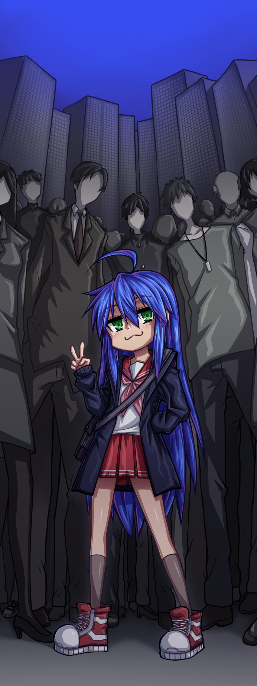 :3 absurdres blue_hair blue_jacket blue_sky blush city faceless formal genma496 grey_skirt hair_between_eyes highres incredibly_absurdres izumi_konata jacket lucky_star necktie perspective red_footwear red_skirt school_uniform serafuku skirt sky uniform v