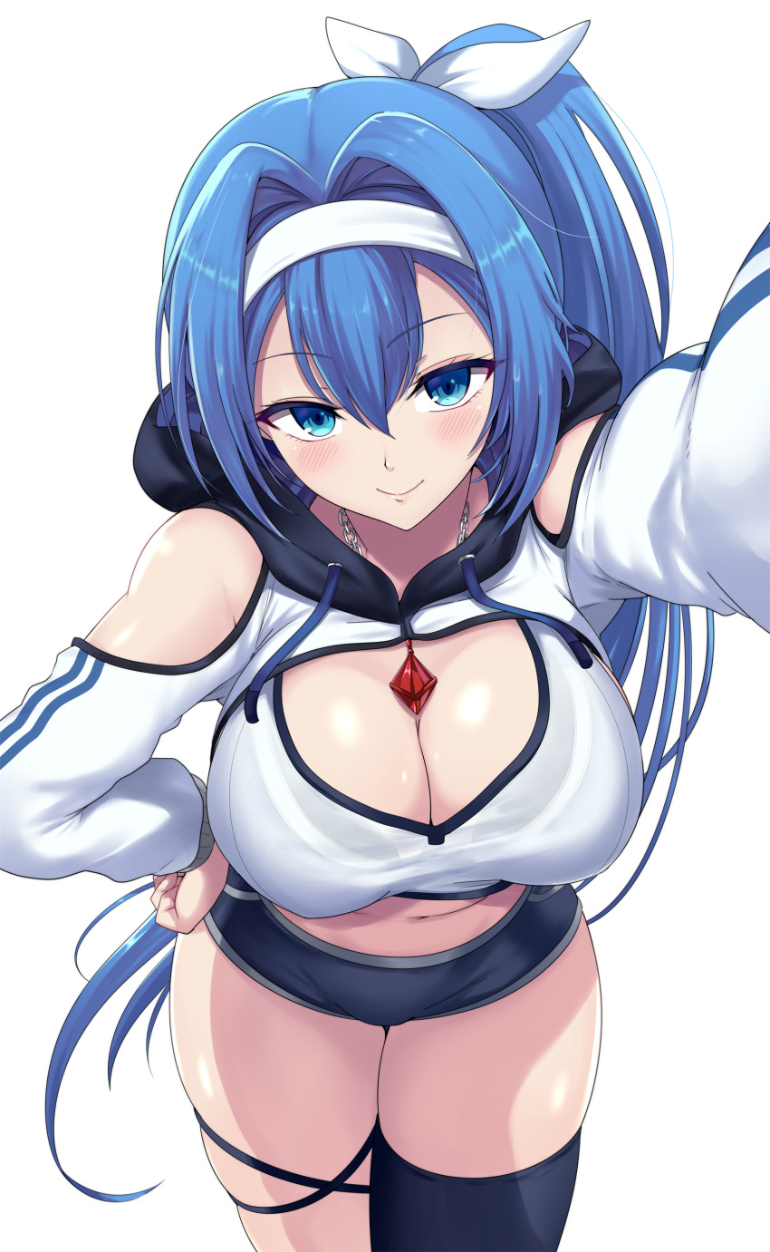 1girl absurdres alyssa_(specktech) blue_eyes blue_hair blush breasts cleavage commentary_request commission highres jewelry kabedon kasai_shin large_breasts long_hair looking_at_viewer necklace original pixiv_commission ponytail pov simple_background smile solo sports_bra sportswear thick_thighs thigh_strap thighhighs thighs white_background