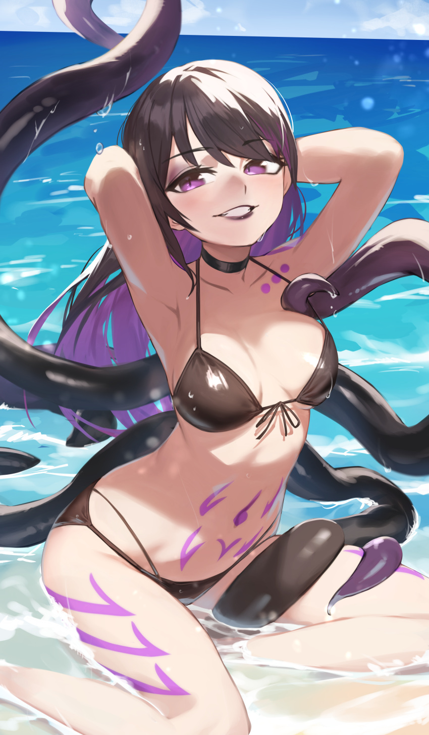 1girl absurdres armpits beach bikini black_bikini black_hair black_lips body_markings breasts choker chorogon commission commissioner_upload highres looking_at_viewer monster_girl multicolored_hair non-web_source ocean original purple_eyes purple_hair shoko_the_alien skeb_commission solo swimsuit tentacles thighs wet