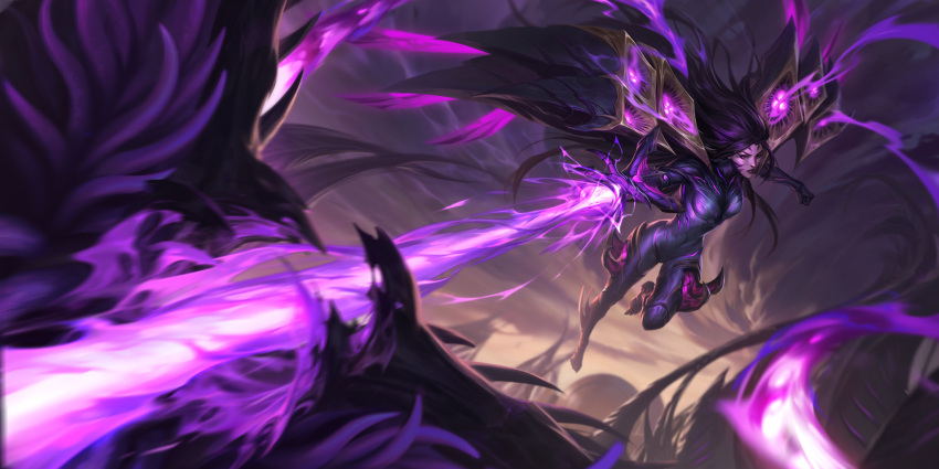 1girl armor attack bodysuit breasts charging_forward cleavage clenched_hand cloud collarbone dark_clouds detached_wings facial_mark fighting fighting_stance floating_hair forehead_mark forehead_tattoo highres jumping kai'sa kudos3d league_of_legends legends_of_runeterra light lightning long_hair looking_ahead looking_at_viewer magic medium_breasts official_art outdoors outstretched_arms parted_lips plunging_neckline purple_bodysuit purple_eyes purple_hair purple_lightning purple_lips serious shoulder_armor skin_tight sky solo tattoo thighs tornado wind wings