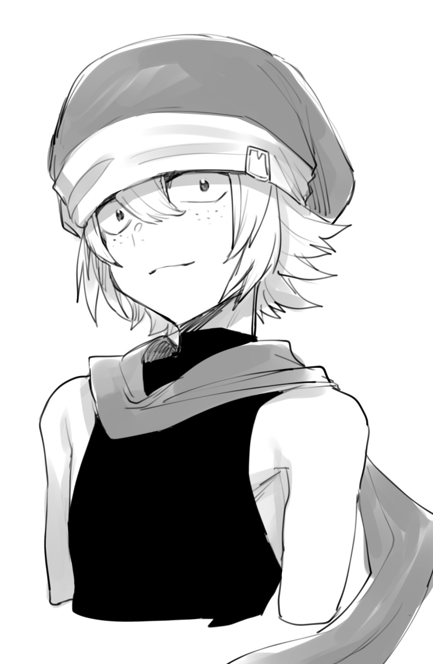 1boy bare_shoulders black_headwear borrowed_character closed_mouth cropped_arms cropped_shoulders freckles greyscale highres looking_at_viewer male_focus monochrome original sanpaku short_hair sketch smile solo yadayada