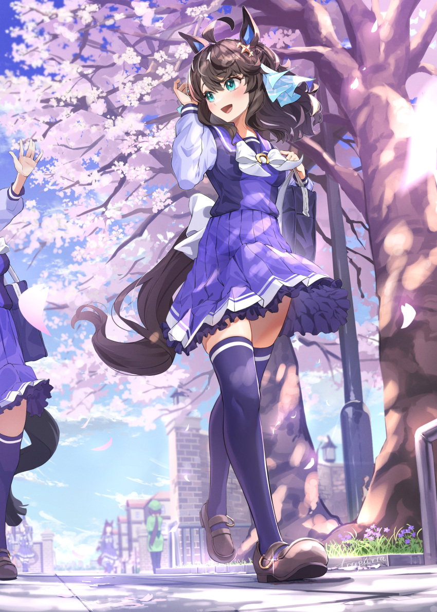 1girl absurdres ahoge animal_ears black_hair blue_eyes blurry blurry_background blush breasts cherry_blossoms daring_tact_(umamusume) full_body hair_ornament hamanashi_(trapiorra) hayakawa_tazuna highres horse_ears horse_girl horse_tail looking_to_the_side medium_breasts medium_hair petals school_uniform solo_focus tail thighhighs tree umamusume walking