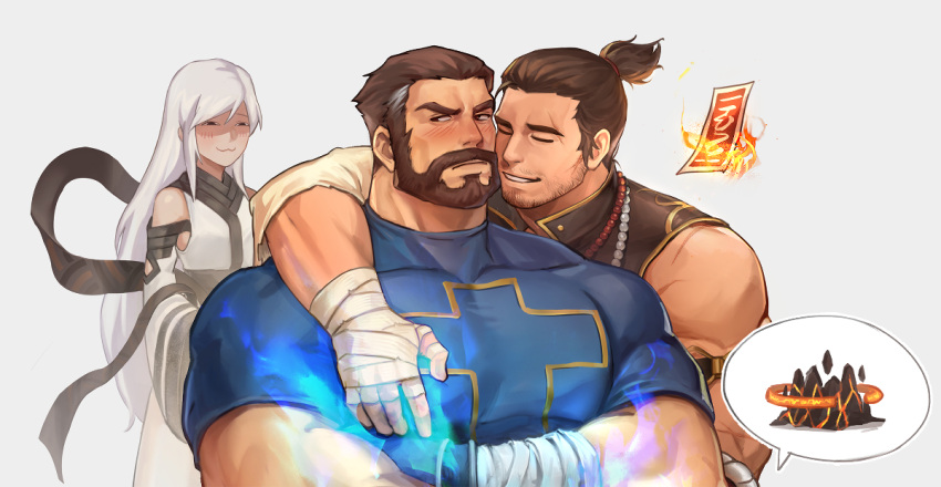 1girl 2boys :3 bandages bara beads beard beard_stubble black_tank_top blue_fire blue_shirt blush character_request cheek-to-cheek draconid_(dungeon_and_fighter) dungeon_and_fighter exorcist_(dungeon_and_fighter) facial_hair feeling_facial_hair feeling_muscles fire fujoshi hand_on_another's_chest heads_together implied_erection justice_(dungeon_and_fighter) male_focus male_priest_(dungeon_and_fighter) mature_male monk_(dungeon_and_fighter) multicolored_hair multiple_boys muscular muscular_male mustache ponytail rosary sdz_(inazuma) shirt sideways_glance smile streaked_hair stubble talisman tank_top tight_clothes tight_shirt white_hair yaoi