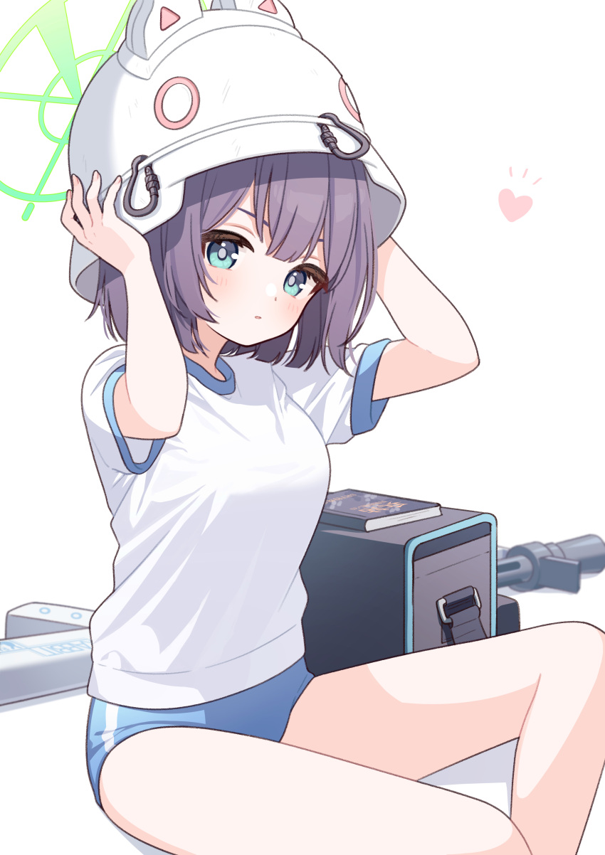 1girl absurdres arms_up black_hair blue_archive blue_buruma blue_eyes blush book buruma carabiner feet_out_of_frame green_halo gun halo hands_on_headwear head_tilt heart helmet highres looking_at_viewer purple_hair rifle saki_(blue_archive) shirt short_hair short_sleeves sidelocks sitting solo sorakuu t-shirt thighs weapon white_headwear white_shirt