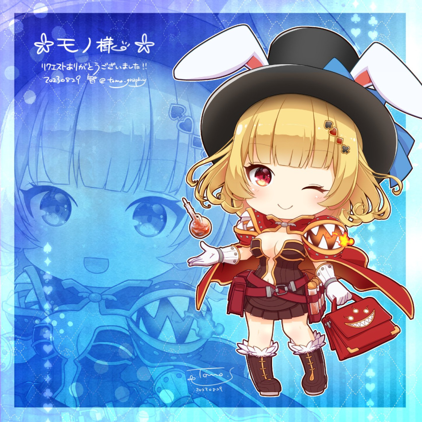 1girl animal_ears bag belt black_headwear blonde_hair blunt_bangs blush boots breasts brown_belt brown_dress brown_eyes brown_footwear cape chibi cleavage closed_mouth club_(shape) club_hair_ornament commentary_request commission creator_(ragnarok_online) diamond_(shape) diamond_hair_ornament dress fake_animal_ears fire flame flask full_body fur-trimmed_footwear gloves hair_ornament handbag hat heart heart_hair_ornament highres living_clothes looking_at_viewer medium_bangs medium_breasts medium_hair navel one_eye_closed open_mouth plunging_neckline pouch rabbit_ears ragnarok_online red_bag red_cape round-bottom_flask short_dress skeb_commission smile spade_(shape) spade_hair_ornament tomo-graphy top_hat vial white_gloves