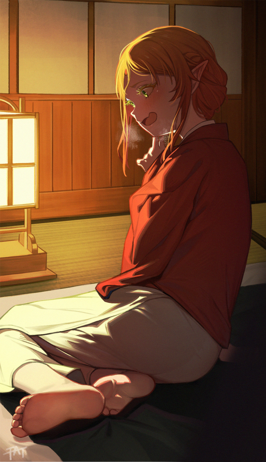 1girl ass barefoot blonde_hair blush elf fatzhai green_eyes highres indoors isekai_ojisan lantern night open_mouth pointy_ears short_hair sitting solo sui_(isekai_ojisan) tatami