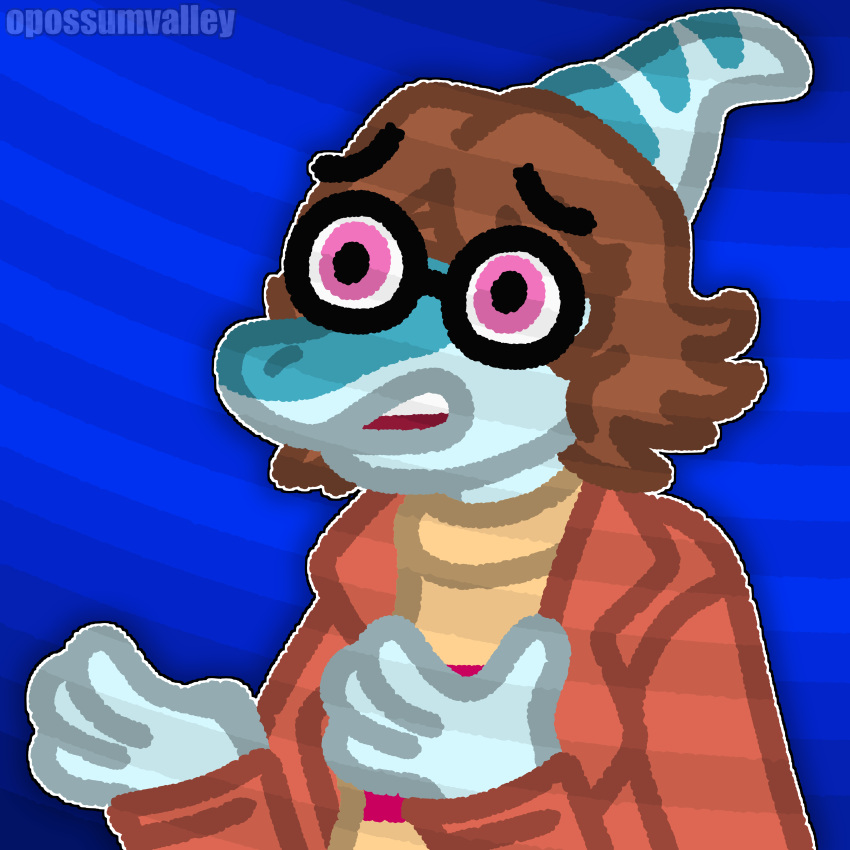 1:1 2023 4_fingers absurd_res anthro artist_name benjamin_mcknight blue_background blue_body blue_scales brown_hair clone_high clothing digital_drawing_(artwork) digital_media_(artwork) dinosaur eyewear fingers glasses hadrosaurid hair hi_res i_wani_hug_that_gator jacket male meme multicolored_body multicolored_scales open_mouth opossumvalley ornithischian parasaurolophus pink_eyes reptile scales scalie short_hair simple_background snout solo teeth topwear two_tone_body two_tone_scales watermark
