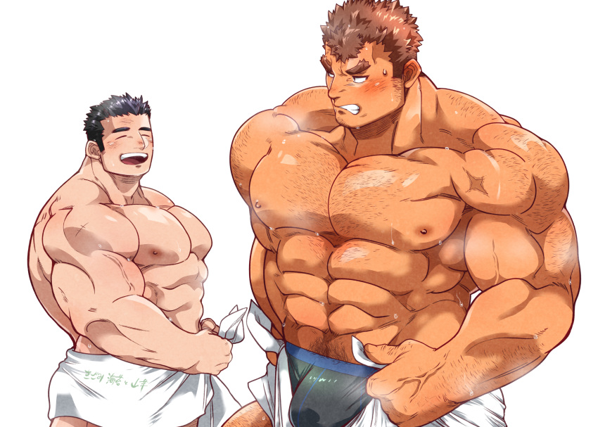 2boys :d ^_^ abs arm_hair ass bara black_male_underwear blush body_hair bulge bulge_lift chest_hair closed_eyes dark-skinned_male dark_skin dressing embarrassed facial_hair feet_out_of_frame forked_eyebrows frown goatee hairy happy highres i've_never_seen_a_guy_recreate_this_successfully_tbh_(meme) kizami_nori_to_yamaimo large_pectorals long_sideburns looking_at_another male_focus male_underwear master_3_(housamo) meme multiple_boys muscular muscular_male nipples open_pants pants pants_lift pectorals short_hair sideburns smile stomach stubble sweat takabushi_kengo thick_eyebrows tokyo_afterschool_summoners topless_male towel_around_waist undersized_clothes underwear yaoi