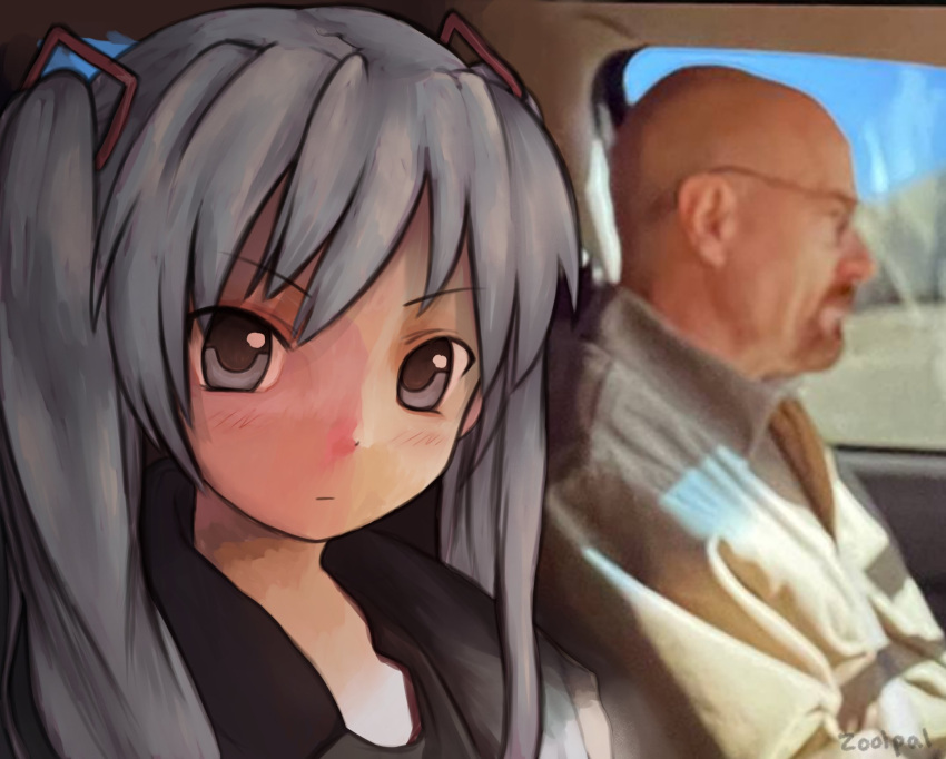 1boy 1girl artist_name bald beard blue_eyes blue_hair blurry breaking_bad car_interior closed_mouth commentary day depth_of_field english_commentary facial_hair hatsune_miku highres long_hair looking_at_viewer photo_background portrait solo_focus twintails upper_body vocaloid walter_white zoolpal