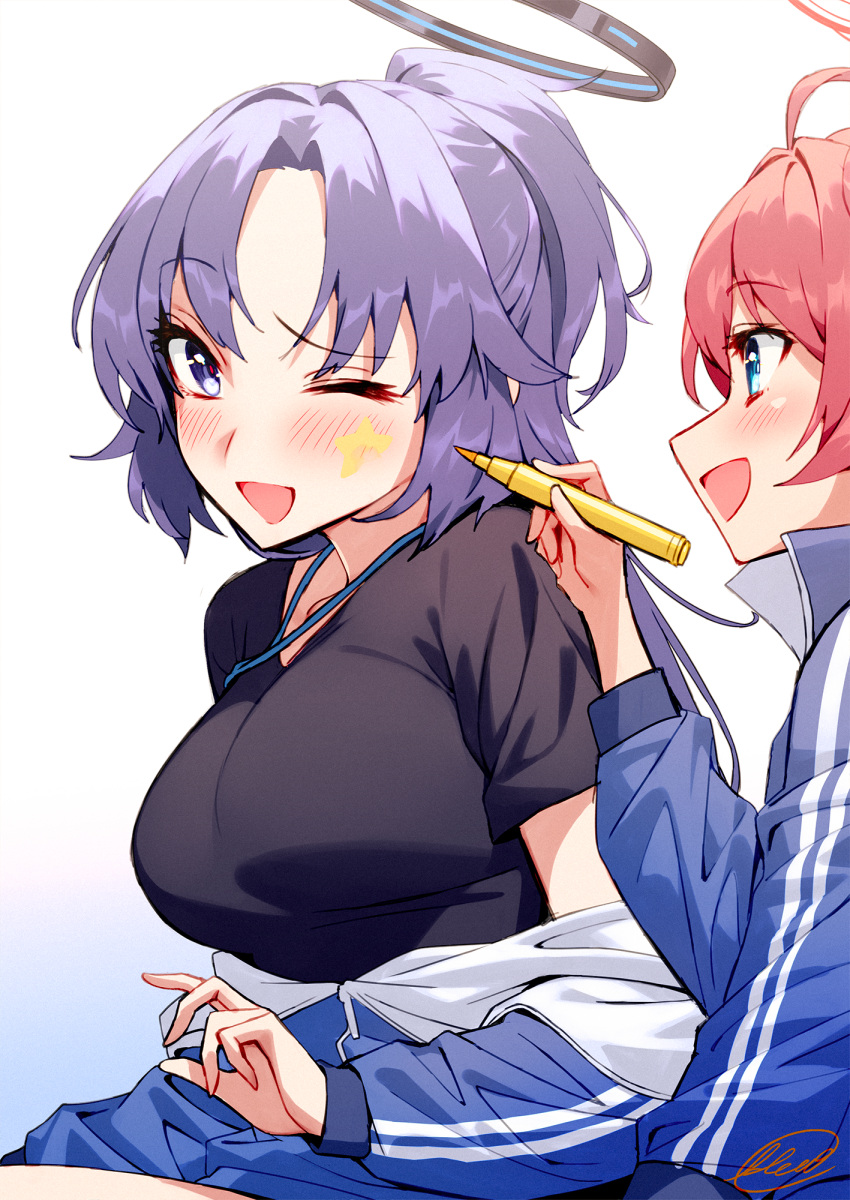 2girls ahoge bad_link black_shirt blew_andwhite blue_archive blue_eyes blue_jacket blush breasts commentary_request halo highres jacket large_breasts long_hair long_sleeves maki_(blue_archive) mechanical_halo multiple_girls official_alternate_costume one_eye_closed open_mouth pink_hair purple_eyes purple_hair shirt short_hair short_sleeves signature smile track_jacket yuuka_(blue_archive) yuuka_(track)_(blue_archive)