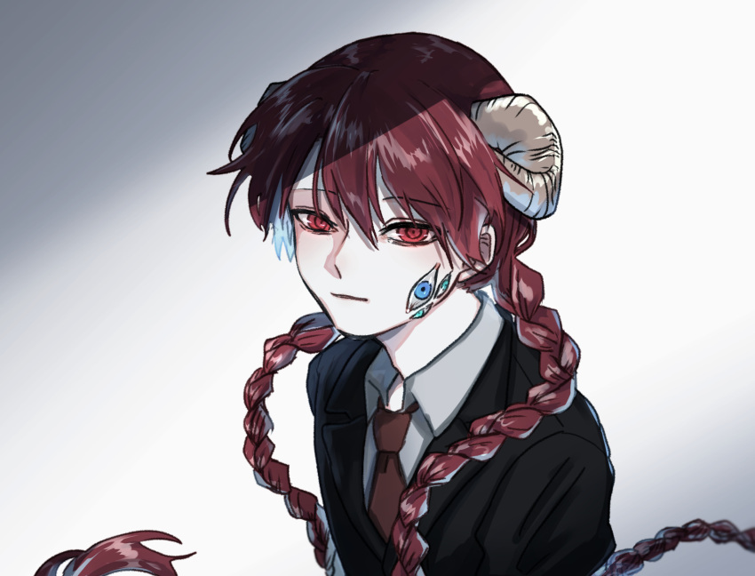 1girl black_jacket braid collared_shirt employee_(lobotomy_corporation) extra_ears highres horns jacket lobotomy_corporation long_hair long_sleeves low_twin_braids moth_ram necktie parted_lips project_moon red_eyes red_hair red_necktie shirt simple_background solo twin_braids upper_body very_long_hair white_background white_shirt