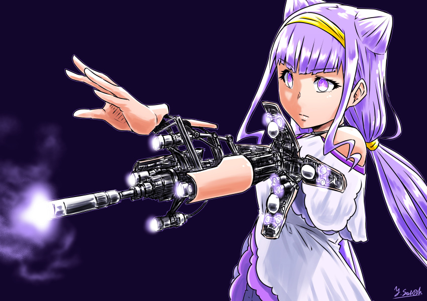 1girl artist_name black_background blouse blunt_bangs closed_mouth clothing_cutout commentary_request cone_hair_bun double_bun energy_gun frown hair_bun hairband highres hugtto!_precure long_hair looking_to_the_side low_twintails precure purple_eyes purple_hair ruru_amour satou_yasu shirt short_sleeves shoulder_cutout signature solo standing symbol-shaped_pupils twintails very_long_hair weapon white_shirt yellow_hairband