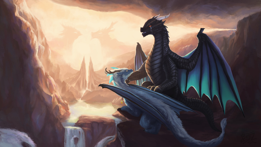 absurd_res ambiguous_gender black_body black_scales blue_body blue_fur detailed_background dragon duo feral fur furred_dragon hi_res horn jewelry linchen looking_at_another mane membrane_(anatomy) membranous_wings necklace scales spikes spikes_(anatomy) tail white_mane wings