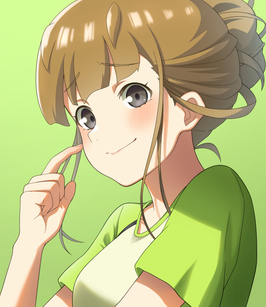 1girl 46_crt absurdres black_hair blunt_bangs blush breasts brown_hair closed_mouth commentary_request finger_to_cheek green_background green_shirt grey_eyes hair_bun highres long_hair miyake_hinata shirt short_sleeves simple_background single_hair_bun smile solo sora_yori_mo_tooi_basho t-shirt