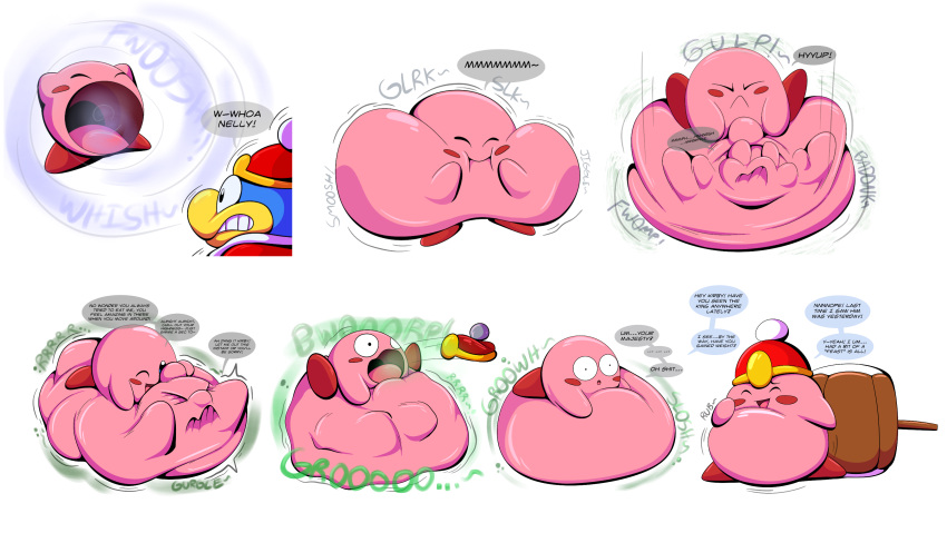 absurd_res accidental_digestion after_vore belly belly_rub big_belly cheek_bulge clothing dialogue digestion digestion_noises digestion_sequence duo hi_res king_dedede kirby kirby_(series) lying male nintendo on_front oral_vore rumbling_stomach sequence swallowing tepigfan101 vore