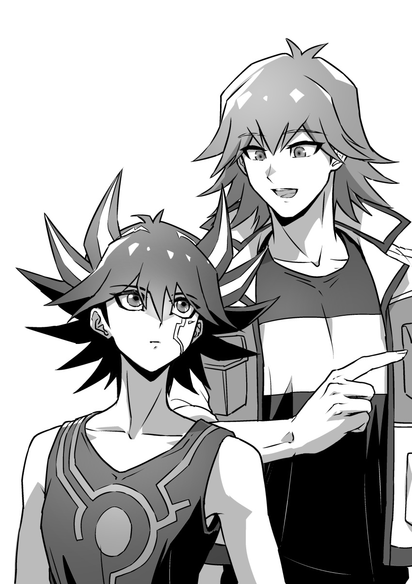 2boys absurdres bruno_(yu-gi-oh!) facial_mark facial_tattoo facing_viewer fudou_yuusei greyscale height_difference high_collar highres jacket looking_at_another looking_up male_focus marking_on_cheek monochrome multicolored_hair multiple_boys open_clothes open_jacket open_mouth pointing pointing_to_the_side shirt short_hair smile spiked_hair standing streaked_hair tank_top tattoo v-neck youko-shima yu-gi-oh! yu-gi-oh!_5d's