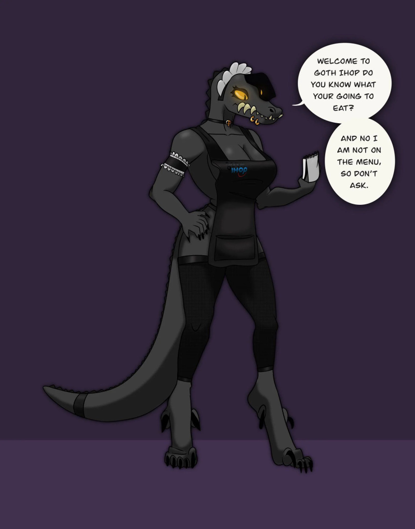 2023 anthro arxur_(the_nature_of_predators) breasts dialogue english_text female gamingfox goth goth_ihop hi_res ihop non-mammal_breasts piercing sharp_teeth solo speech_bubble talking_to_viewer teeth text the_nature_of_predators waiter