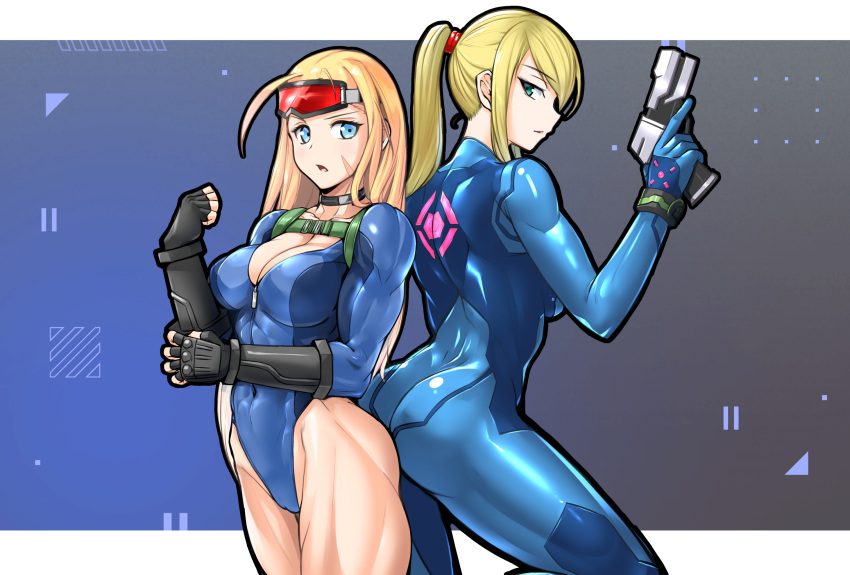 2girls aegis_(nerocc) back-to-back black_gloves black_wristband blonde_hair blue_bodysuit blue_eyes bodysuit breasts cammy_white cleavage collarbone commission cowboy_shot elbow_gloves eyewear_on_head fingerless_gloves gloves goggles goggles_on_head gun high_ponytail highres holding holding_gun holding_weapon long_hair looking_at_another looking_at_viewer metroid metroid_(classic) multiple_girls muscular muscular_female pixiv_commission ponytail samus_aran scar scar_on_cheek scar_on_face street_fighter street_fighter_6 thighs weapon wristband zero_suit