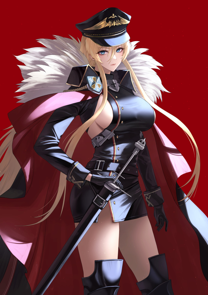 1girl azur_lane bismarck_(azur_lane) black_footwear black_gloves black_headwear blonde_hair blue_eyes boots breasts closed_mouth fur_trim gloves hair_between_eyes hat highres large_breasts long_hair looking_at_viewer lyche_(cramcell) military_hat red_background sideboob sidelocks simple_background solo sword thigh_boots thighs weapon