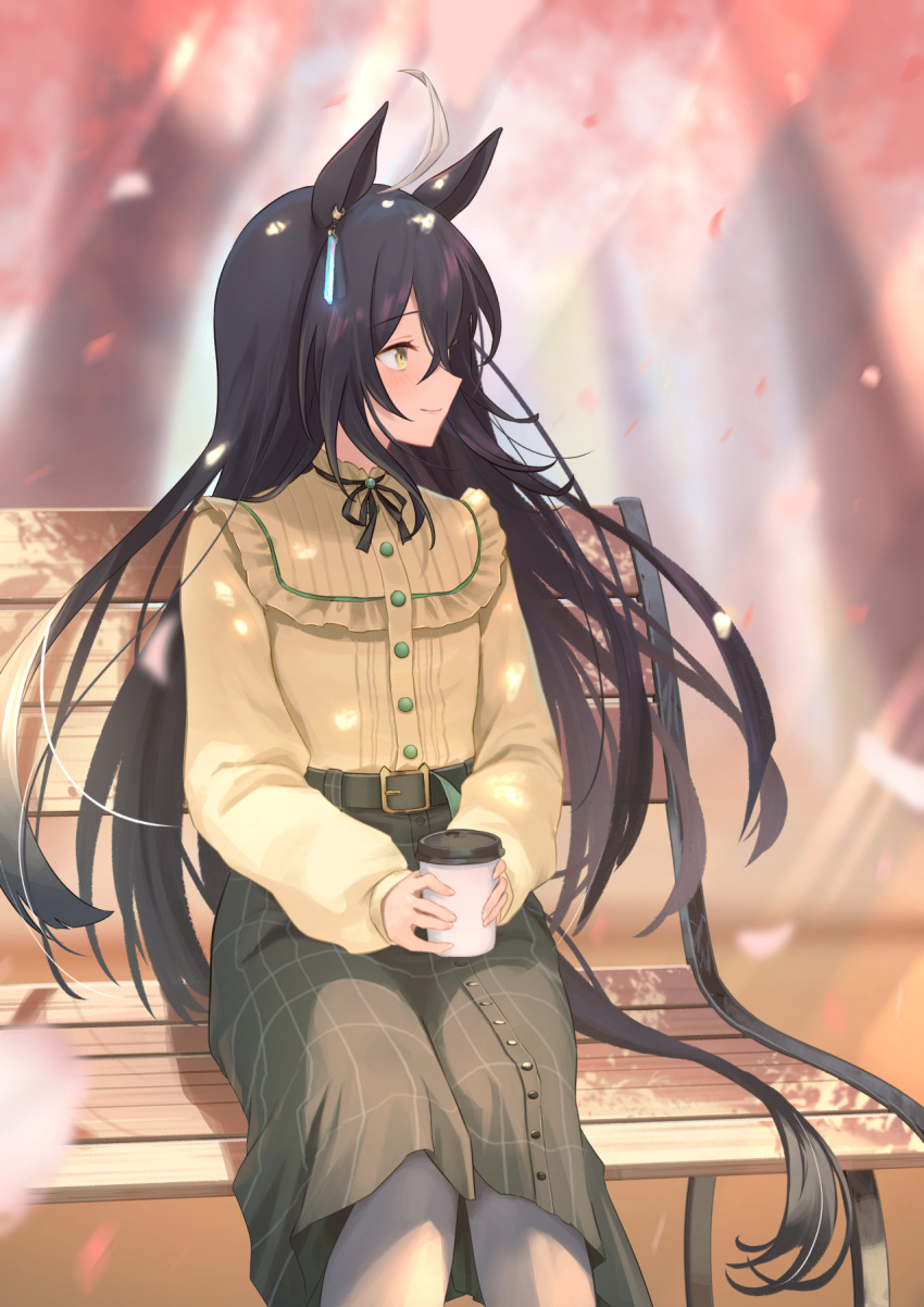 1girl ahoge animal_ears bench black_hair casual coffee_cup cup disposable_cup ear_piercing feet_out_of_frame frilled_shirt frills grey_skirt hair_between_eyes highres holding holding_cup horse_ears horse_girl horse_tail katukodx long_bangs long_hair looking_to_the_side manhattan_cafe_(umamusume) pantyhose petals piercing shirt sitting skirt smile solo tail umamusume white_hair white_shirt yellow_eyes