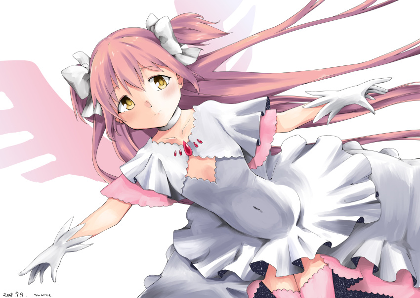 1girl absurdly_long_hair absurdres blush bow choker cleavage_cutout closed_mouth clothing_cutout collarbone commentary_request cropped_jacket dated dress frilled_dress frills gloves hair_bow high-low_skirt highres jacket kaname_madoka layered_dress layered_sleeves leaning_forward light_smile long_hair looking_at_viewer low_neckline mahou_shoujo_madoka_magica mattie_sakuraebi navel outstretched_arms pink_gemstone pink_hair pink_thighhighs pink_wings shaft short_sleeves signature space_print starry_sky_print thighhighs twintails two-sided_fabric two_side_up ultimate_madoka very_long_hair white_background white_bow white_choker white_dress white_gloves white_jacket wide_sleeves wings yellow_eyes
